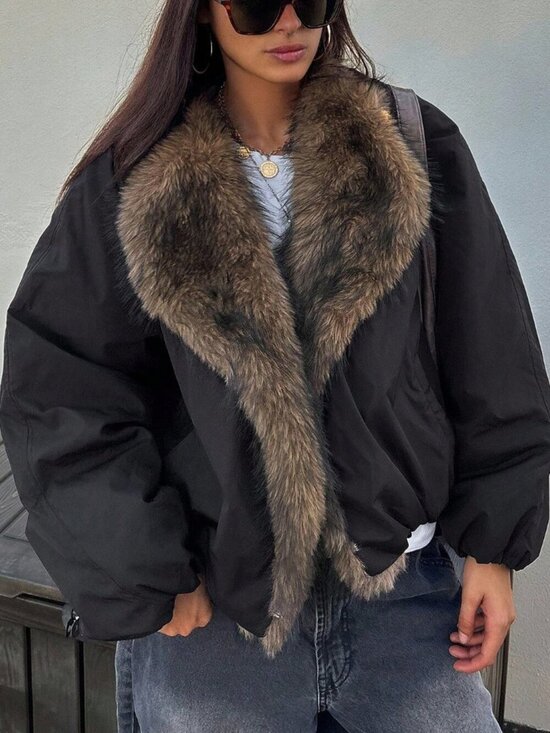 MODA ME COUTURE Jackets & Blazers - Black Casual Women's Contrast faux Fur Collar Loose Padded Jacket